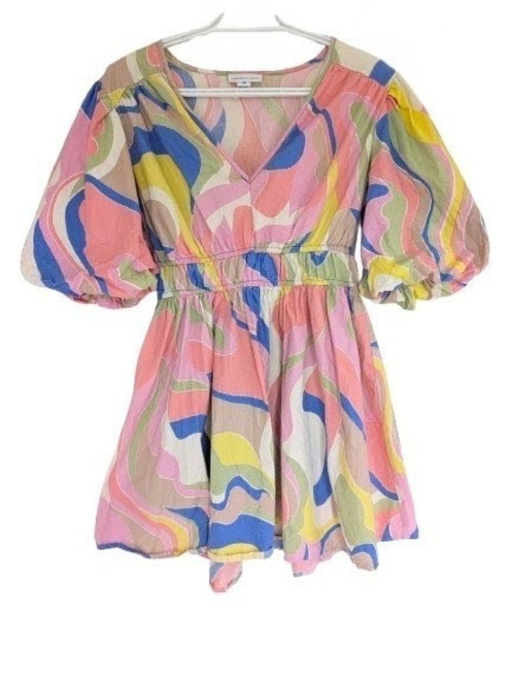 Sincerely Jules Colorful Abstract Swirl Puff Sleeve V-Neck Cotton Mini Dress M